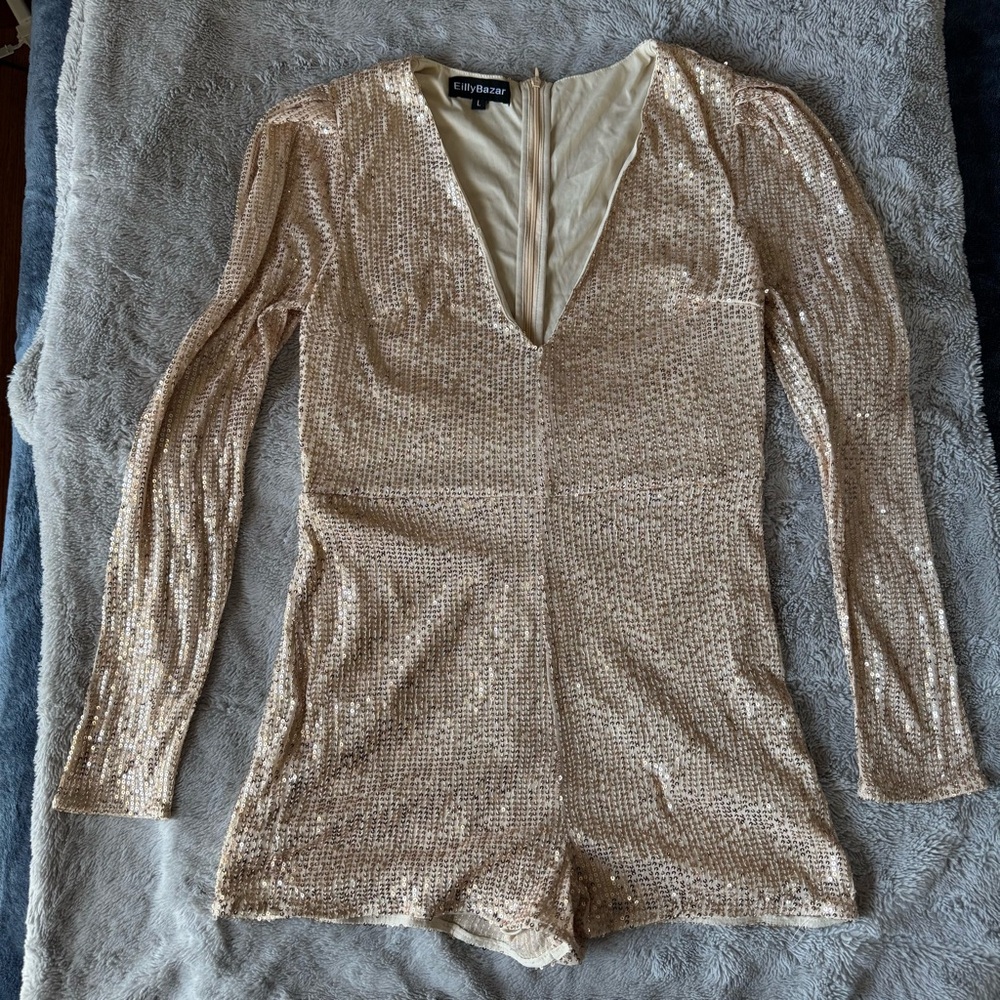 Gold Sequin Romper L‎ Glam Deep V Long Sleeve Party Clubwear